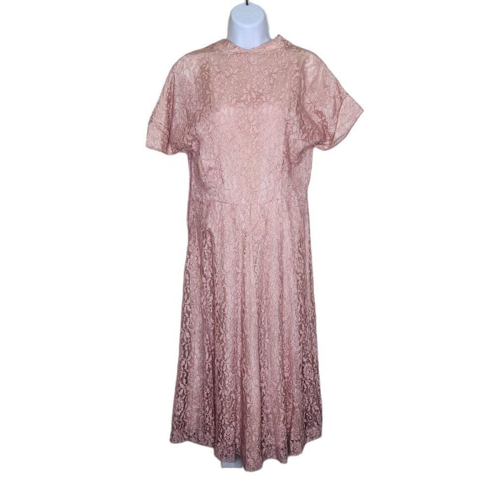 Vintage 50s Short Sleeve Lace Bouffant Full Skirt Dress Womens Size L Pink